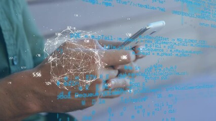 Poster - Animation of network of connections and data processing over hands of caucasian man using smartphone