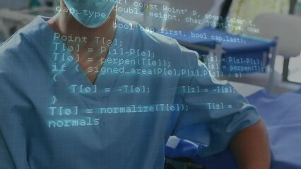 Poster - Animation of data processing over caucasian female surgeon in face mask