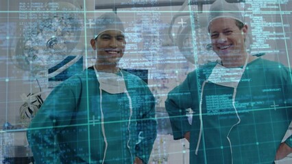 Poster - Animation of data processing over smiling caucasian male surgeons