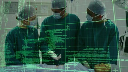 Poster - Animation of data processing over caucasian male surgeons and patient in operating theatre