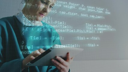Poster - Animation of data processing over caucasian female surgeon using tablet