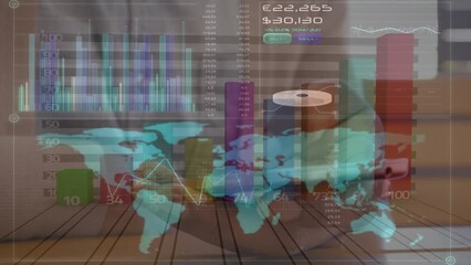 Poster - Animation of financial data and graphs moving over hands of biracial man using smartphone