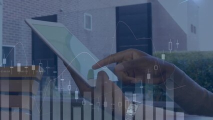 Poster - Animation of financial data and graphs over hands of biracial man using tablet with copy space