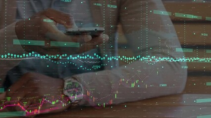 Poster - Animation of financial data and graphs moving over hands of biracial man using smartphone