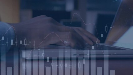 Poster - Animation of financial data and graphs moving over hands of biracial man using laptop