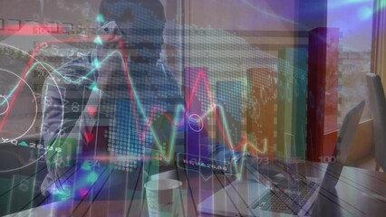 Poster - Animation of financial data and graphs over african american man using tablet and smartphone