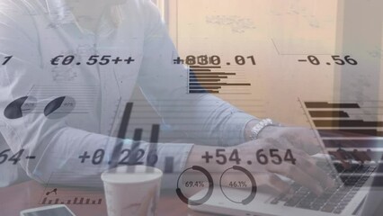 Poster - Animation of financial data and graphs moving over caucasian man using laptop and drinking coffee