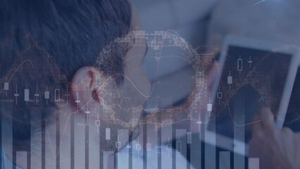 Poster - Animation of financial data and graphs moving over rotating brain and caucasian man using tablet