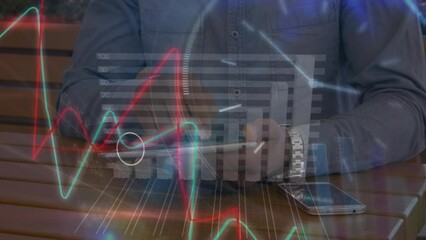 Poster - Animation of financial data and graphs moving hands of biracial man using tablet