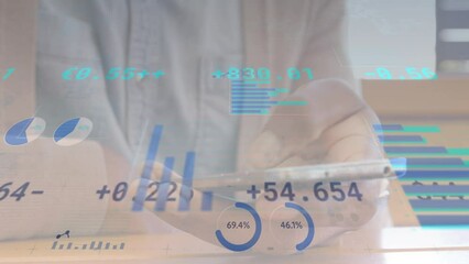 Poster - Animation of financial data and graphs moving over hands of biracial man using smartphone