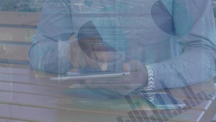 Poster - Animation of financial data and graphs moving over hands of biracial man using smartphone