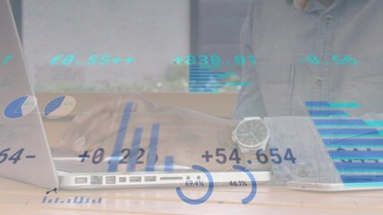 Poster - Animation of financial data and graphs moving over hands of biracial man using laptop