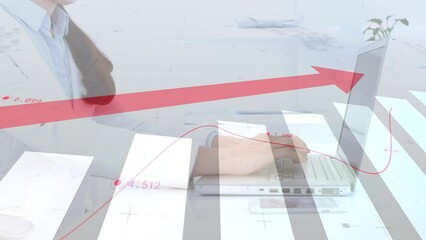 Poster - Animation of arrow, data and graphs moving over hands of caucasian man using laptop