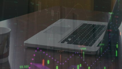 Poster - Animation of financial data and graphs moving over laptop lying on desk