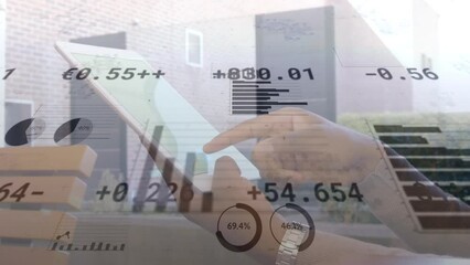 Poster - Animation of financial data and graphs moving over hands of biracial man using tablet