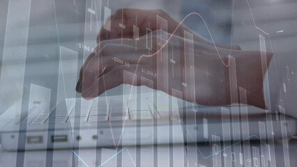 Poster - Animation of financial data and graphs moving over hands of biracial man using laptop
