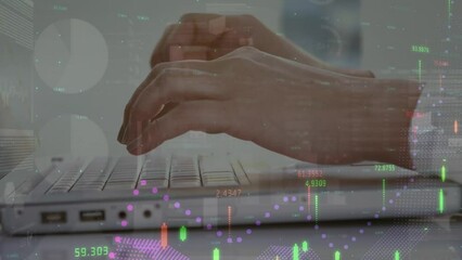 Poster - Animation of financial data and graphs moving over hands of caucasian man using laptop