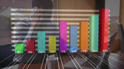 Poster - Animation of financial data and graphs over african american man using laptop and smartphone