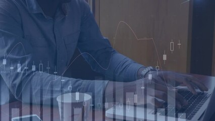 Poster - Animation of financial data and graphs moving over hands of biracial man using laptop