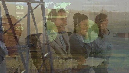 Poster - Animation of statistics and financial data processing over diverse business people using headsets