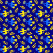 Seamless pattern based on Ukrainian embroidery on blue background. Vector stylized ornament in the yellow and blue colors of the Ukrainian flag.