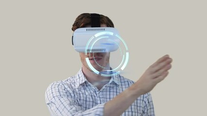 Poster - Animation of processing circle over happy caucasian man wearing vr headset and gesturing