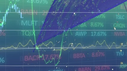 Poster - Animation of financial data processing over grid on blue background