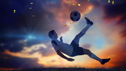 Poster - Animation of confetti floating caucasian soccer player at sunset