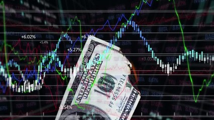 Poster - Animation of data processing and american dollar bill over grid on black background