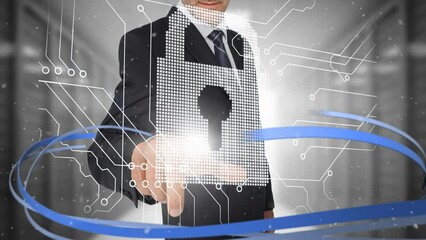 Poster - Animation of dust floating over midsection of caucasian man holding digital security padlock