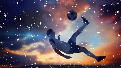 Poster - Animation of confetti floating caucasian soccer player at sunset