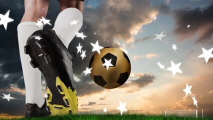 Poster - Animation of stars over feet of caucasian soccer player and gold ball at sunset