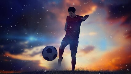 Poster - Animation of dust floating caucasian soccer player at sunset