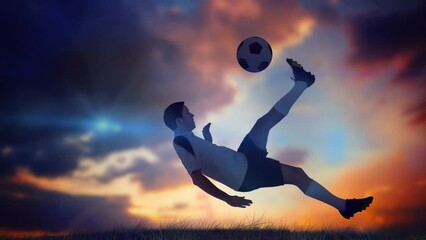 Poster - Animation of confetti floating caucasian soccer player at sunset