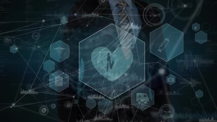 Poster - Animation of network of connections with medical icons over caucasian businessman using screen
