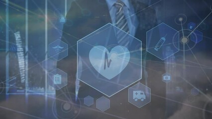 Poster - Animation of network of connections with medical icons over caucasian businessman using screen