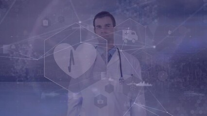 Poster - Animation of network of connections with medical icons over male caucasian doctor using screen