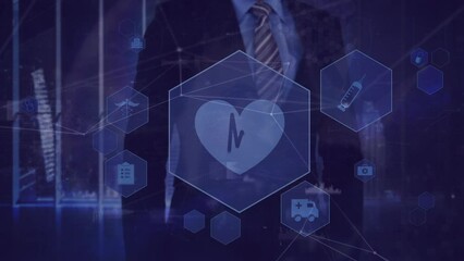 Poster - Animation of network of connections with medical icons over caucasian businessman using screen