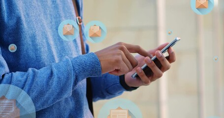 Poster - Animation of mail icons over midsection of biracial man using smartphone