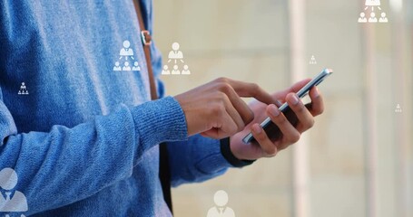 Poster - Animation of user icons over midsection of biracial man using smartphone