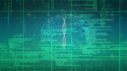 Poster - Animation of data processing over chemical formulas, brain and dna chains in green space