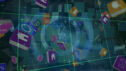 Poster - Animation of digital icons and data processing over screens and grid background