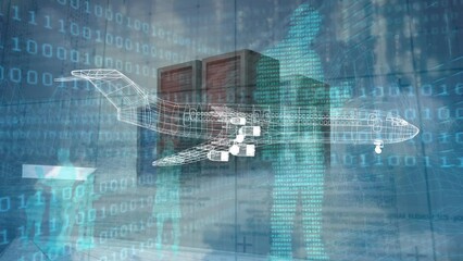 Poster - Animation of plane project rotating over data processing and servers in blue space