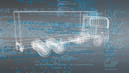 Poster - Animation of truck project rotating over data processing in grey and blue space