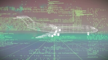 Poster - Animation of plane project rotating over data processing in green and beige space