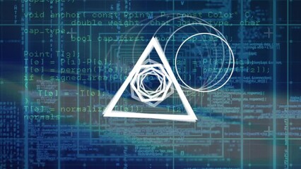 Poster - Animation of geometric shapes rotating over data processing in blue space