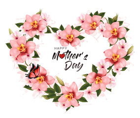 Aufkleber - Happy Holiday background. Colorful beautiful flowers the shape of a heart Frame and pink bow and ribbon. Vector