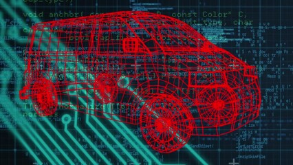 Poster - Animation of car project over integrated circuit over data processing in blue and black space