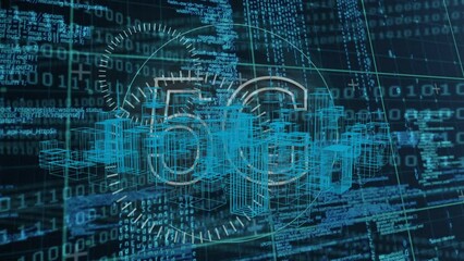 Poster - Animation of metaverse city and 5g rotating over data processing in black and blue space