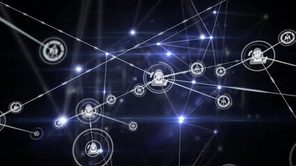 Poster - animation of growing network of people and sharing icons transferring data on black background